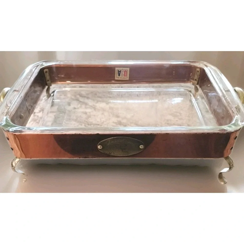 Vintage De La Cuisine Copper Casserole Dish Pyrex Glass Bakeware 3L Scroll Feet